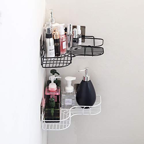 1pc Wall Mounted Storage Rack, Black Iron Adhesive Corner Shelf With Hooks  For Bathroom Shower Organizing, No Drill Needed