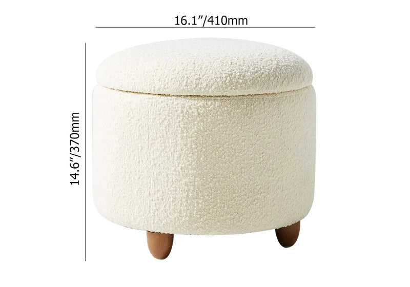 Modern White Boucle Vanity Stool With Lifted Top Storage Round Ottoman