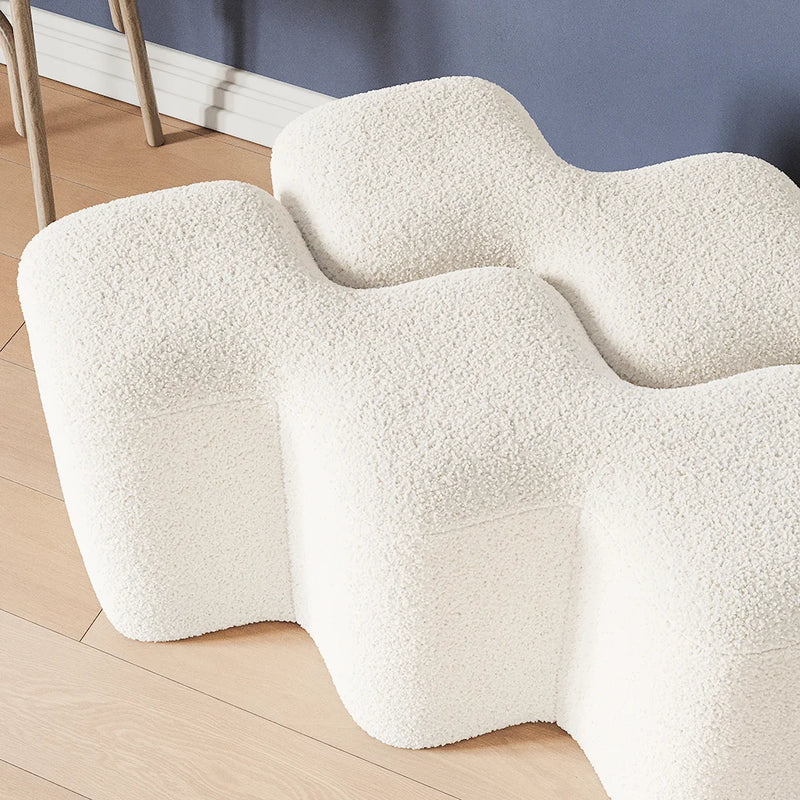 Modern White Entryway & Living Room Bench Boucle Upholstered Molecule Ottoman