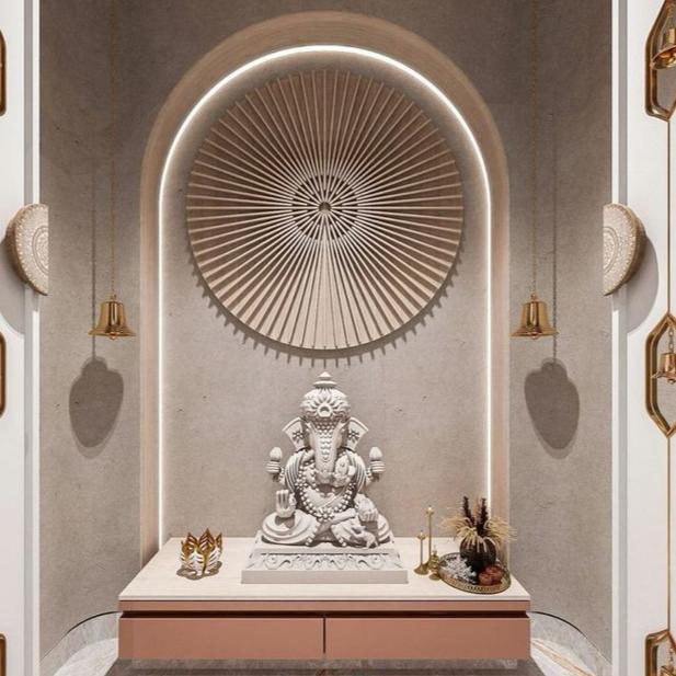 A Fusion Of Minimalist Architecture, Ganesha Statue With Artistic Wall Features