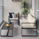 Balcony Design with Sleek Black Metal Furniture, Neutral Tones, and Greenery for a Relaxing Outdoor Retreat