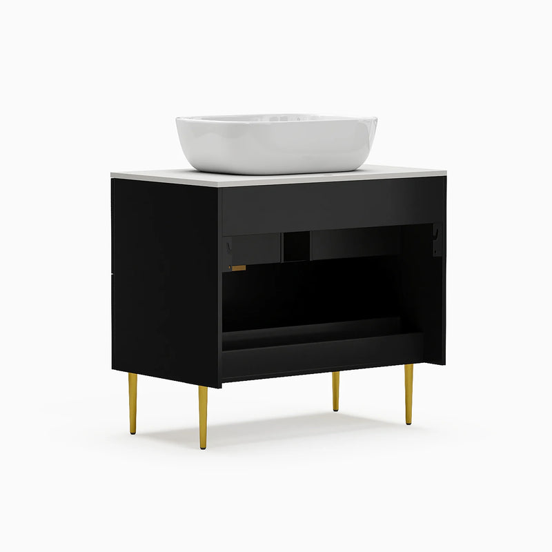 Black Single Fluted Bathroom Vanity With Vessel Sink And 2 Drawers