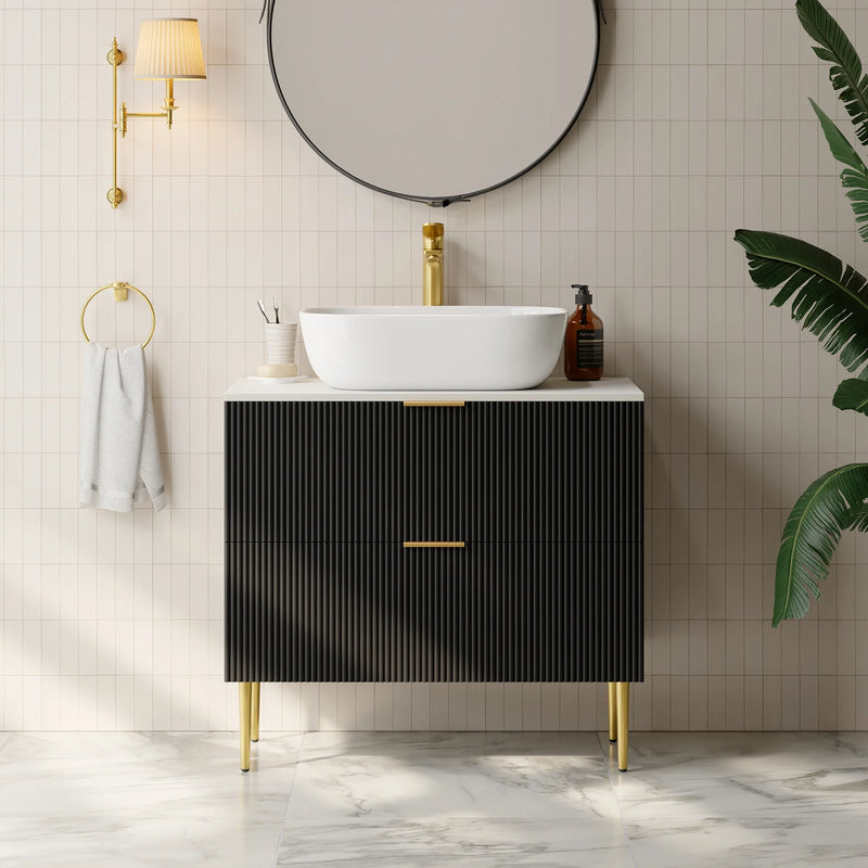 Black Single Fluted Bathroom Vanity With Vessel Sink And 2 Drawers