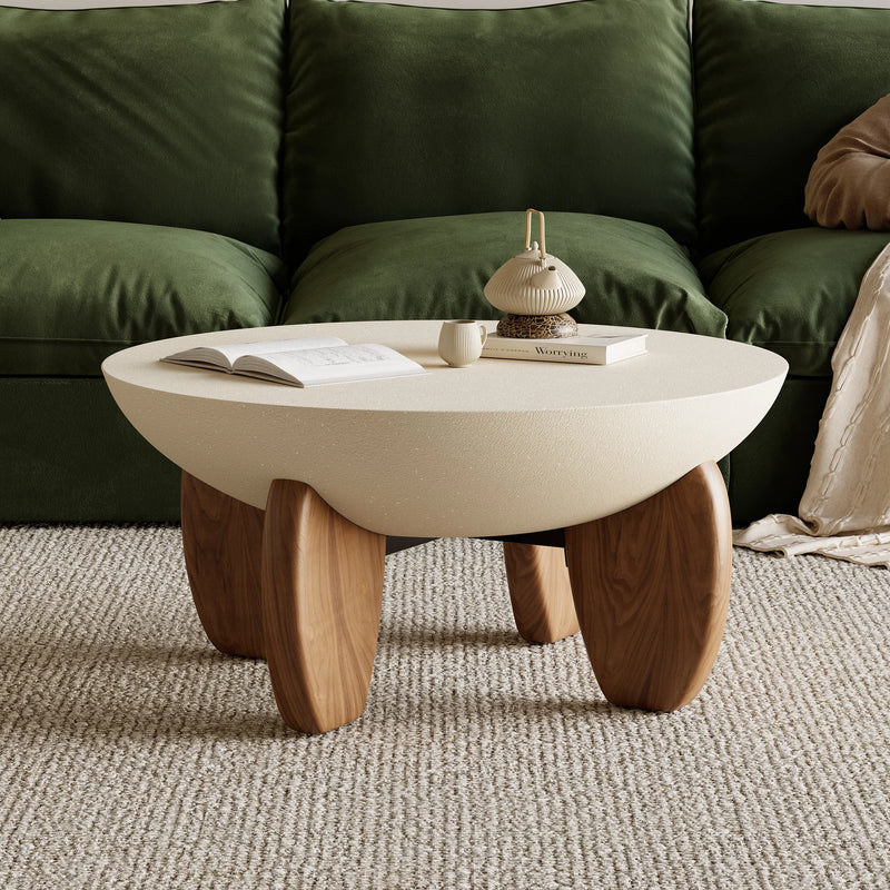 Round Small Modern Walnut Coffee Table Concrete & Wood Accent Table