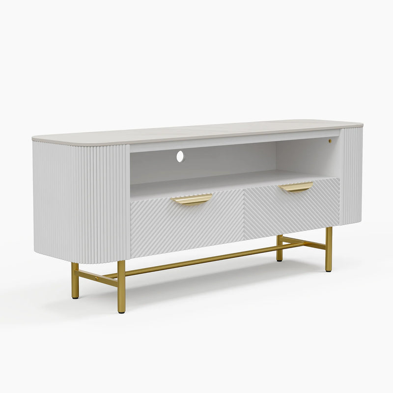 White Sintered Stone Top Fluted TV Stand With Storage