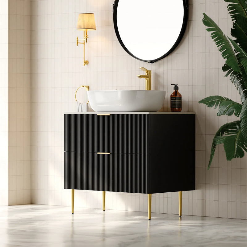 Black Single Fluted Bathroom Vanity With Vessel Sink And 2 Drawers