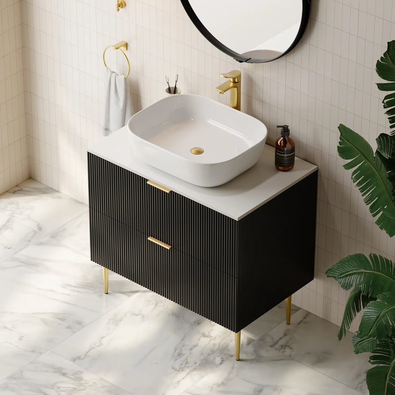 Black Single Fluted Bathroom Vanity With Vessel Sink And 2 Drawers