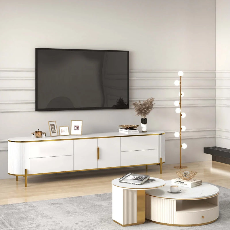 Modern Elegant Oval TV Console With Drawers & Doors In White