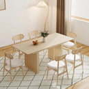 Whitewash Dining Table & 6 Wood Rattan Dining Chairs Set