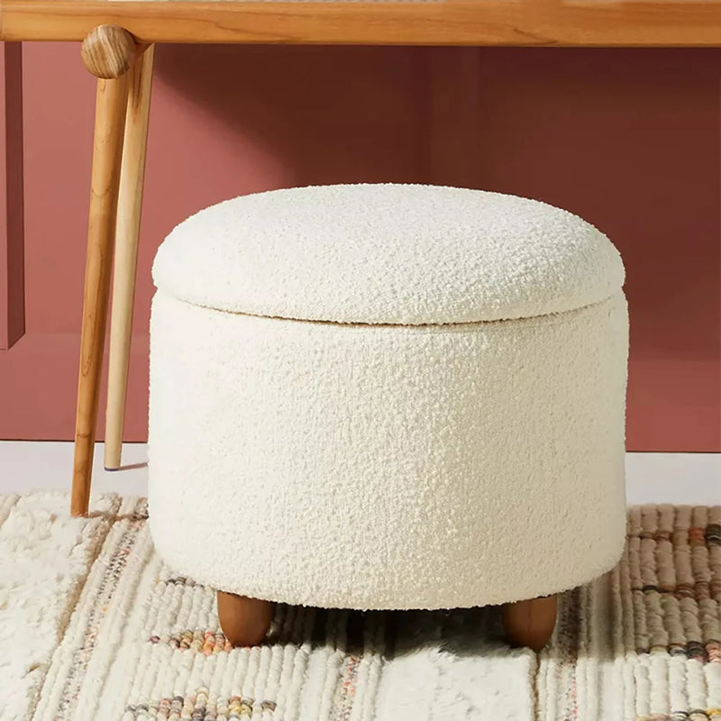 Modern White Boucle Vanity Stool With Lifted Top Storage Round Ottoman