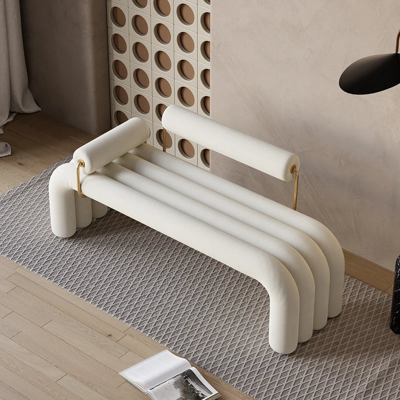 Modern White & Brown Line Tufted Bench Velvet Upholstered Bench in Gold Finish