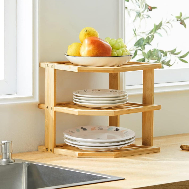 Wooden 3 Tier Kitchen Corner Shelf Organizer Cabinet Plate And Bowl Rack By Miza