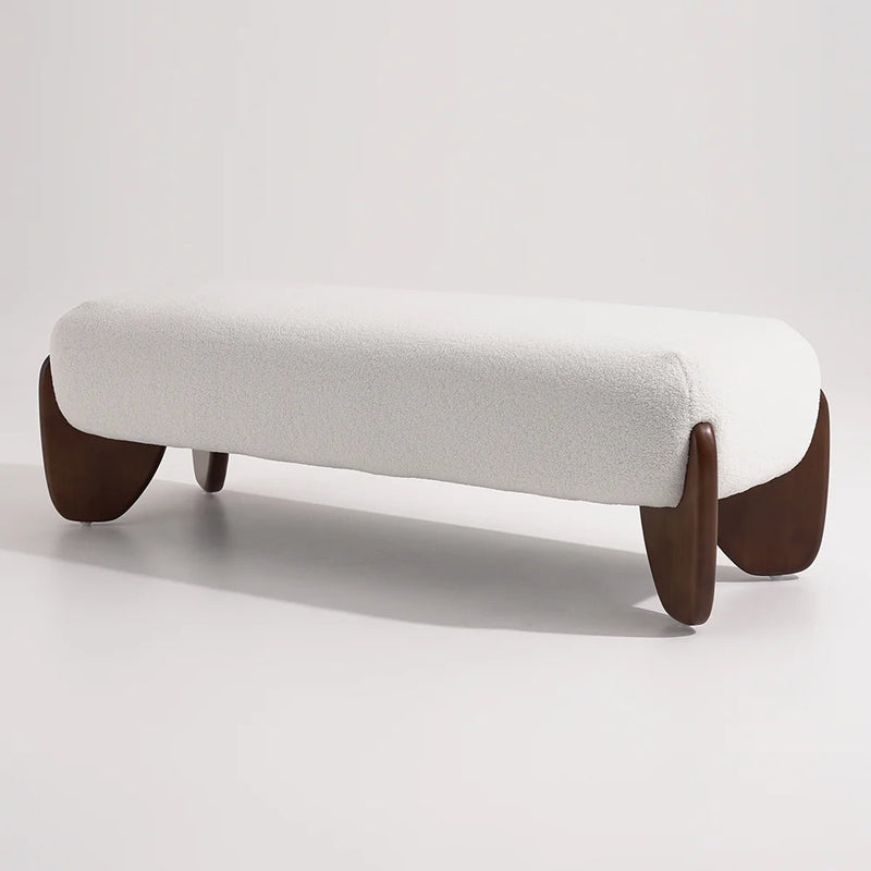 Modern White Boucle Bedroom Bench Upholstered Long Bench With Wood Legs