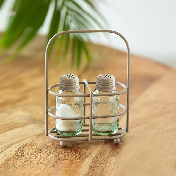 Glass Salt Pepper Set for Dining Table With Iron Holder Set of 2, 60 ml, Handcrafted