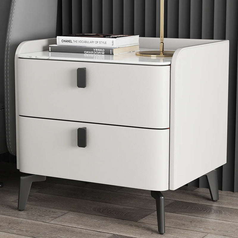 Faux Leather Nightstand With 2 Drawers White Bedside Table With Stone Top