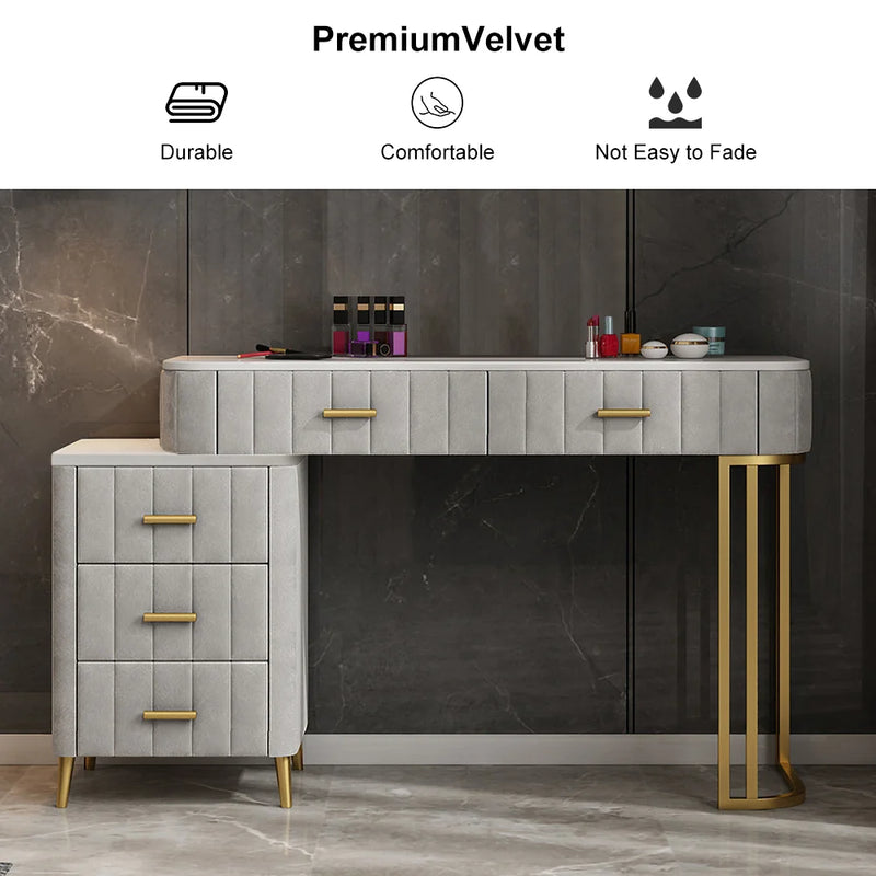 Modern Velvet Upholstered Makeup Vanity Table Expandable Dressing Table with Cabinet