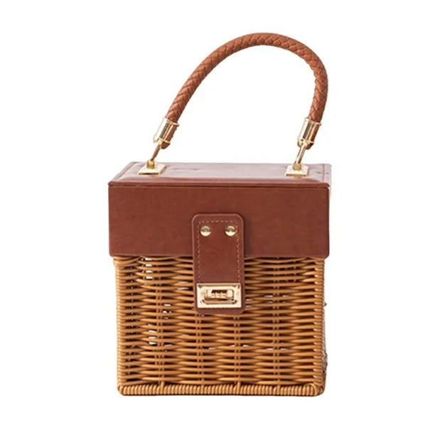 Bamboo Leather Woven Rattan Carrying Basket HandBag Candy Tote By APT