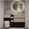 Modern Bathroom Vanity with Backlit Round Mirror And Ottoman, Open and Closed Storage