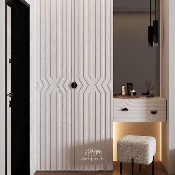 Modern Entryway Design Featuring Geometric Paneled Wardrobe, Floating Console With Cozy Textured Stool