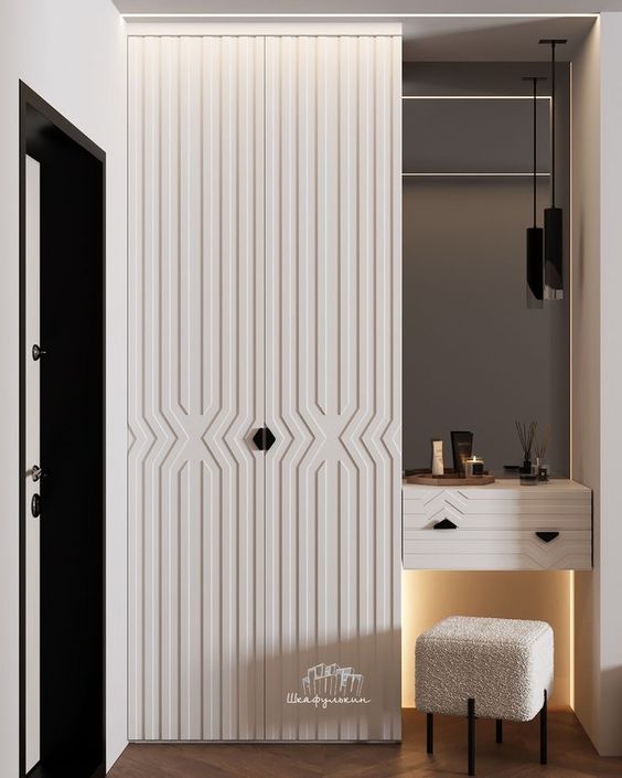 Modern Entryway Design Featuring Geometric Paneled Wardrobe, Floating Console With Cozy Textured Stool