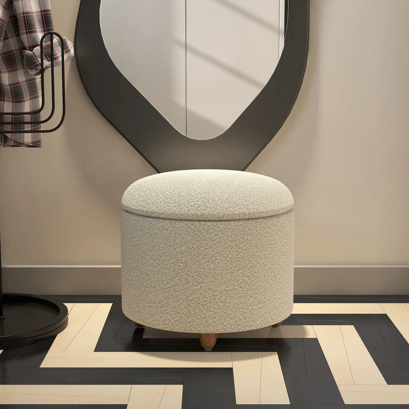 Modern White Boucle Vanity Stool With Lifted Top Storage Round Ottoman