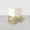 White Modern Small 2 Drawers Nightstand With Faux Marble Top And Gold Base