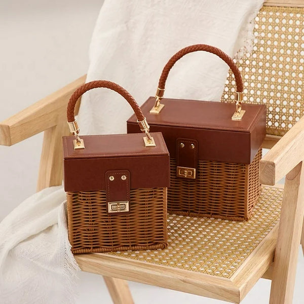 Bamboo Leather Woven Rattan Carrying Basket HandBag Candy Tote By APT