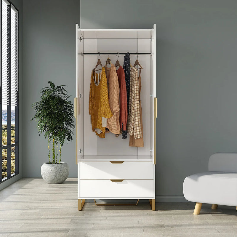 Modern White & Black Tall Wardrobe with Storage Bedroom Clothing Armoire