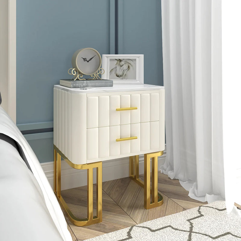 White Modern Small 2 Drawers Nightstand With Faux Marble Top And Gold Base