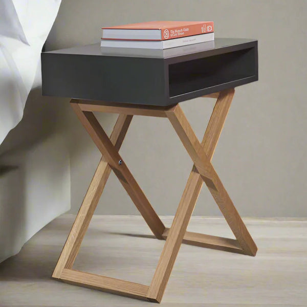 Modern Grey Bedside Table With Wooden X-Frame Base By Miza