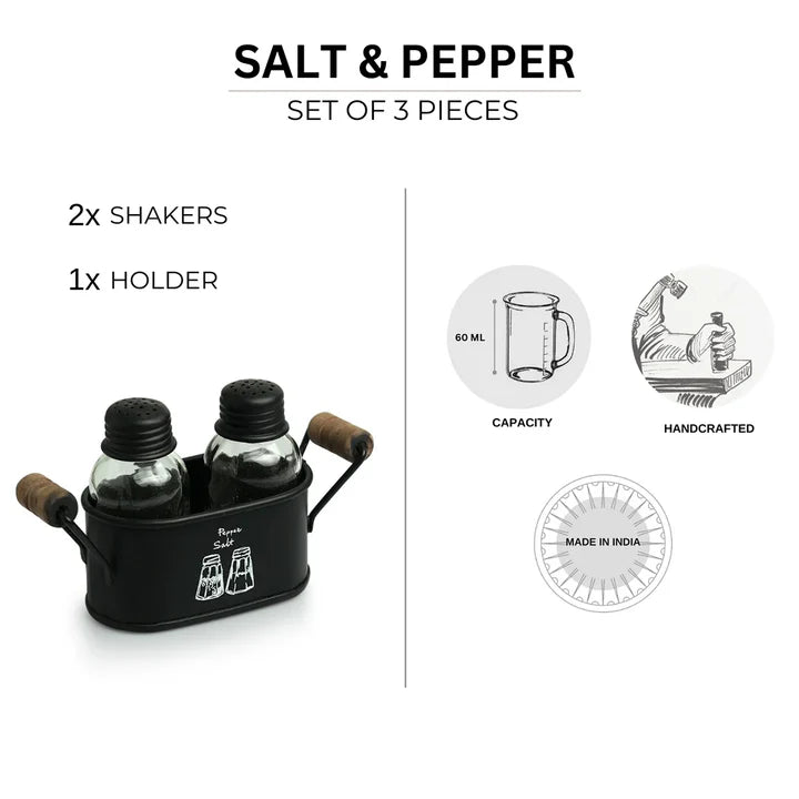 Salt and Pepper Shaker Holder Set With Iron Holder Set of 2, 60 ml, Handcrafted