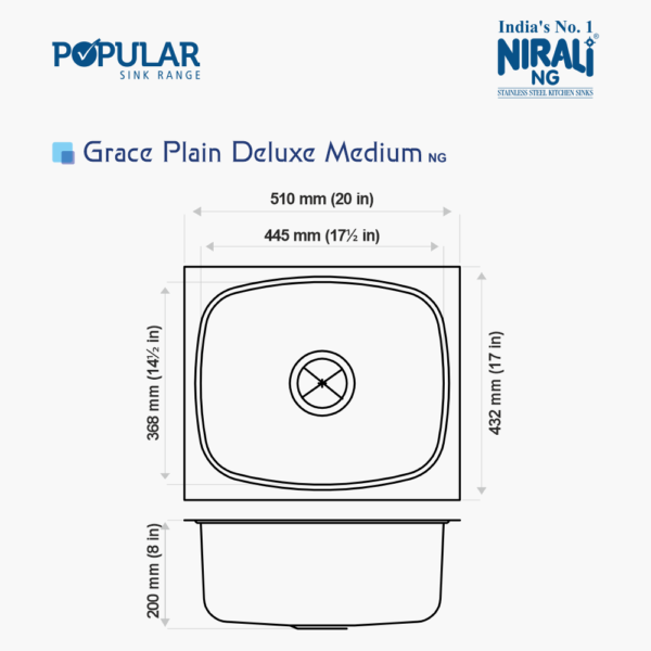 Nirali Grace Plain Deluxe Stainless Steel Single Bowl Kitchen Sink in 304 Grade