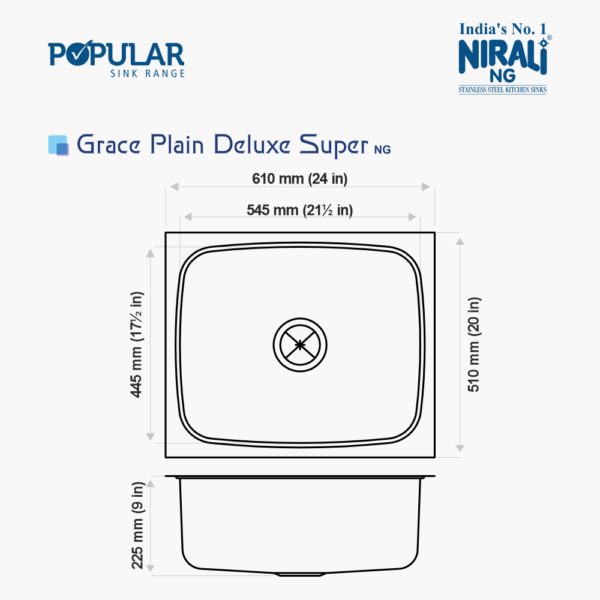 Nirali Grace Plain Deluxe Stainless Steel Single Bowl Kitchen Sink in 304 Grade