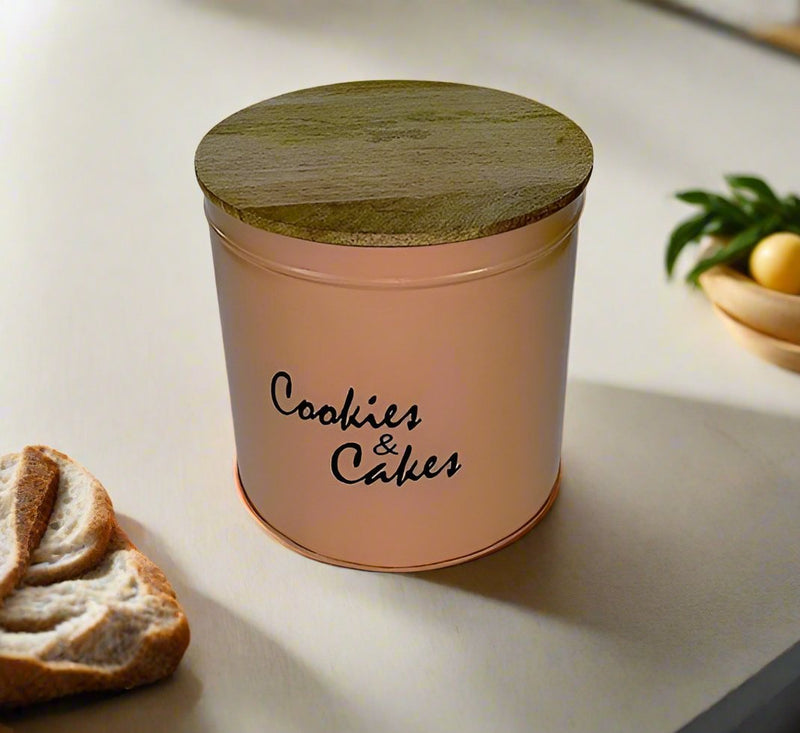 Metal Pinkish Cookies Jar With Wooden Lid/Sweet Life Cookie and Snack Charmer with wooden lid