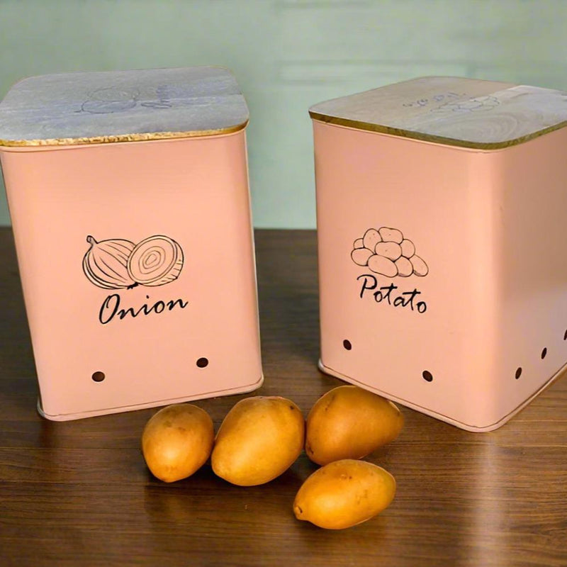 Storage Bin for Potato & Onion 2 Pack Set Countertop Pots Containers with Wooden Lid/Kitchen Canisters Set