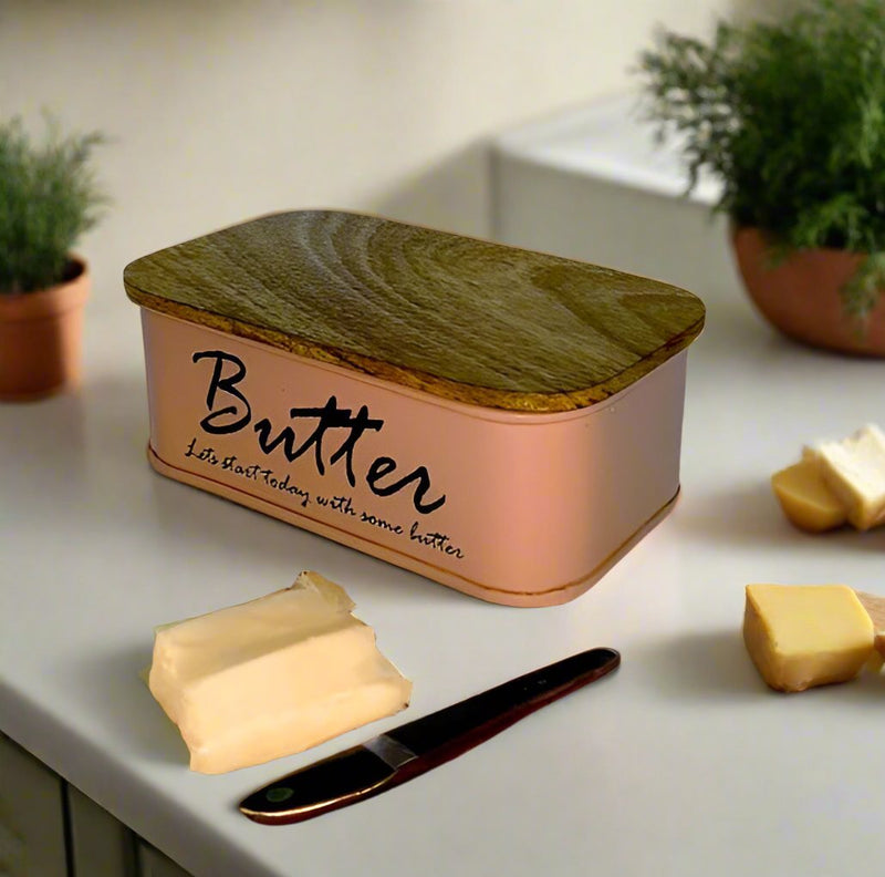 Metal Butter Container Holder Storage With Mango Wood Lid With Stainless Steel Butter Knife