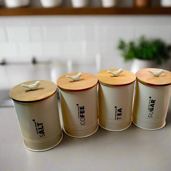 Tea, Coffee, Sugar And Salt Canister Kitchen Storage Pot Jar Metal Jar Container With Wooden Lid Set Of 4