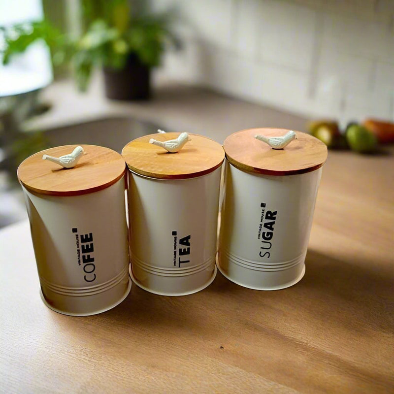 Tea, Coffee, Sugar And Salt Canister Kitchen Storage Pot Jar Metal Jar Container With Wooden Lid Set Of 4