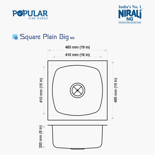 Nirali Square Plain Stainless Steel Single Bowl Kitchen Sink in 304 Grade