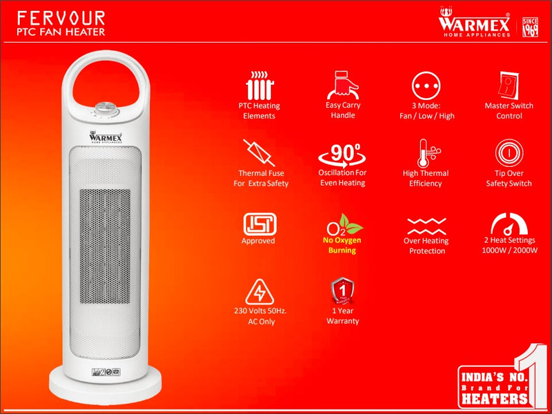 FERVOUR Electric PTC Heater Oscillating Tabletop Tower And Fan Heater By Warmex