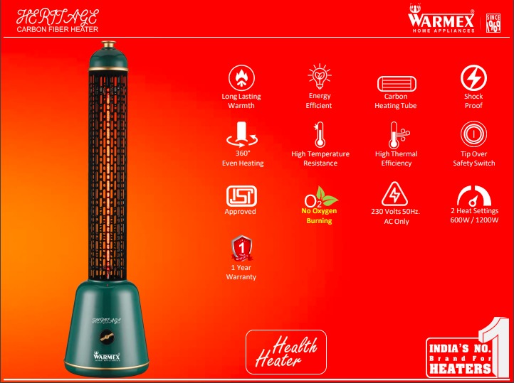 Electric Carbon Fiber Room Heater HERITAGE With Golden Carbon Tube And 360 Heating Function By Warmex