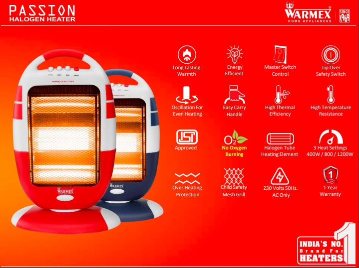 PASSION Halogen Room Heater 400/800/1200 Watts By Warmex