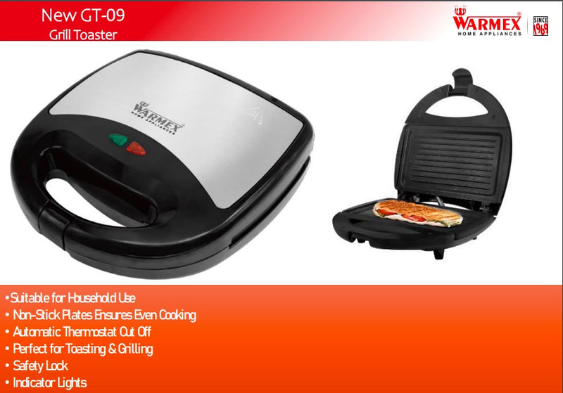 750 Watts Electric Grill Toaster GT 09 Open Grill With Non-Stick Coating Grill Plate By Warmex