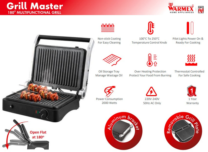 180 Grill 2000W Electric Indoor Multi Functional Flat Grill Master Sandwich Maker By Warmex