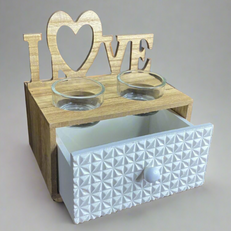 Handcrafted Wooden LOVE-Themed Candle Holder With Drawer By- APT