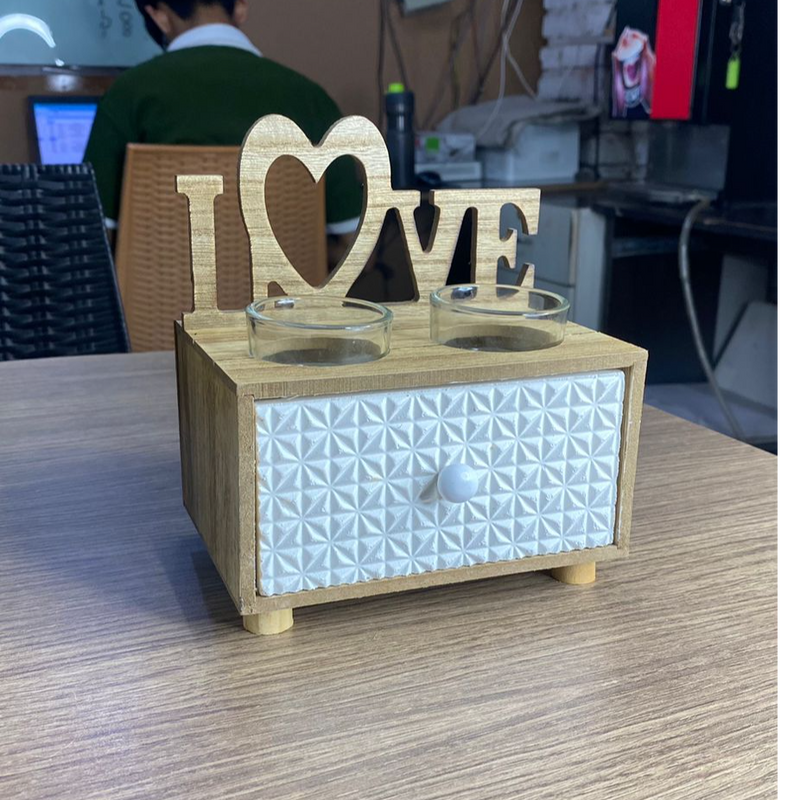 Handcrafted Wooden LOVE-Themed Candle Holder With Drawer By- APT