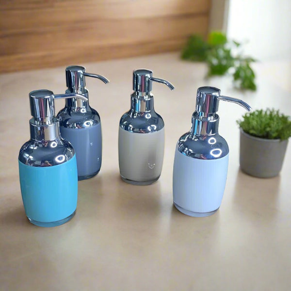 Chrome Plated Glossy Soap, Lotion Dispensers In Cream, Grey, Blue, & White(1 PC)-By-APT