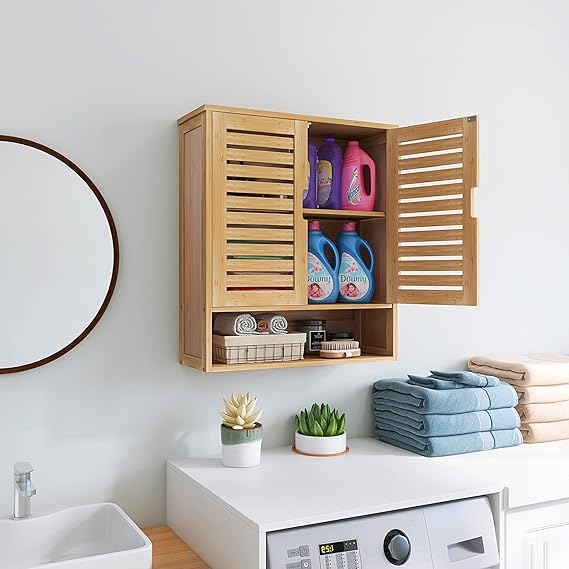 Space-Saving Wooden Cabinet With Ventilated Slatted Doors For Bathroom Storage By Miza