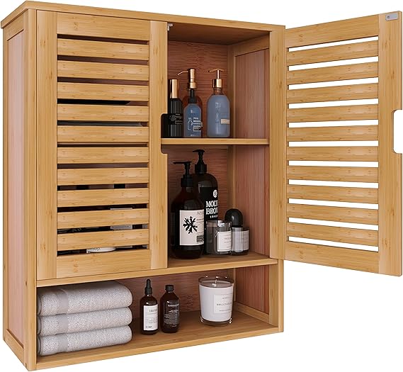 Space-Saving Wooden Cabinet With Ventilated Slatted Doors For Bathroom Storage By Miza