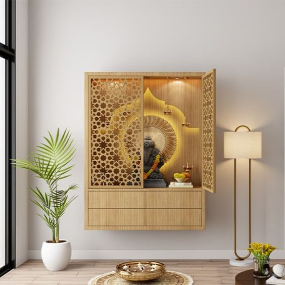 Elevate Your Worship: Space-Saving Wall Mounted Puja Shelf with Iconic Design